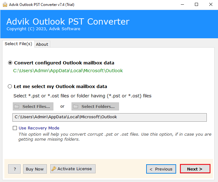 choose the configured Outlook mailbox data