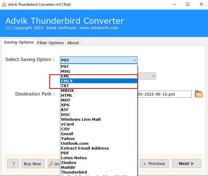 From the list of saving options, select EMLX