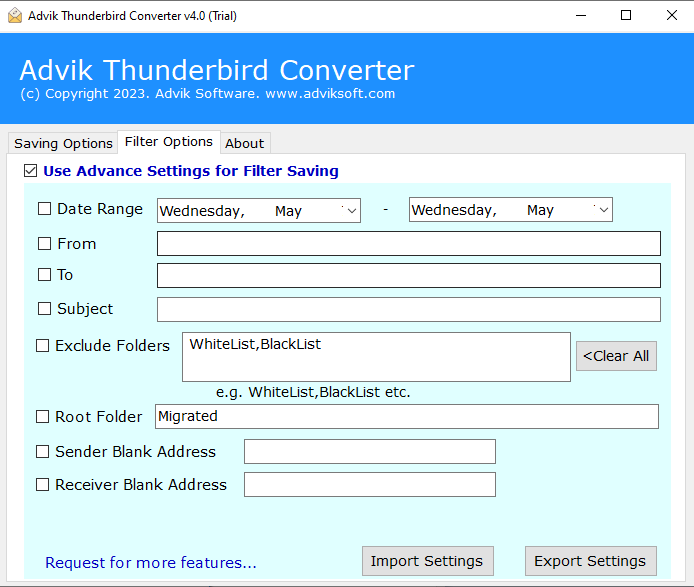 Apply filters to export thunderbird emails to xps