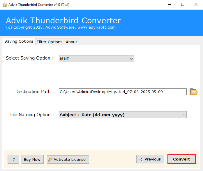 click next to convert thundebird emails to mht
