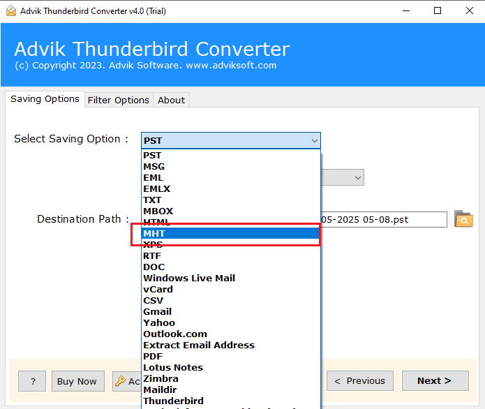 Choose MHT as a saving option