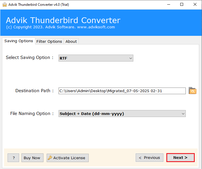 click next to start exporting thunderbird emails to rtf