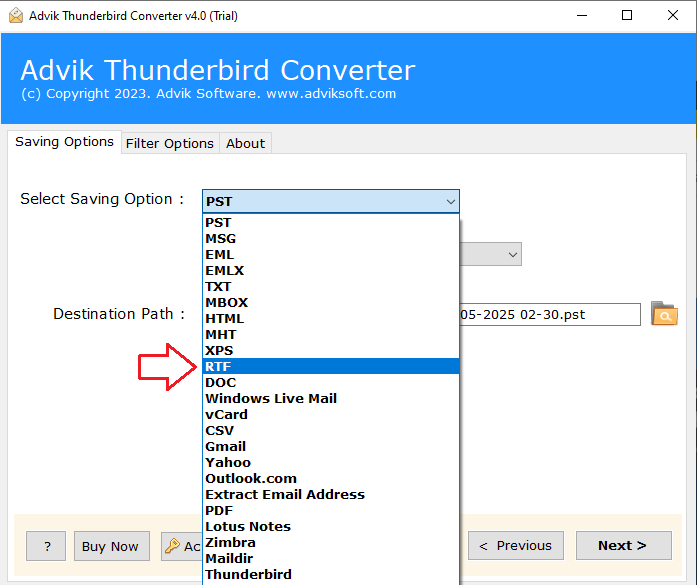 Select RTF as the saving option