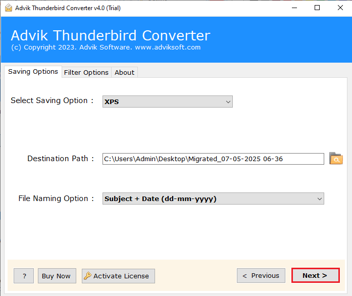 click convert to export thunderbird emails to xps