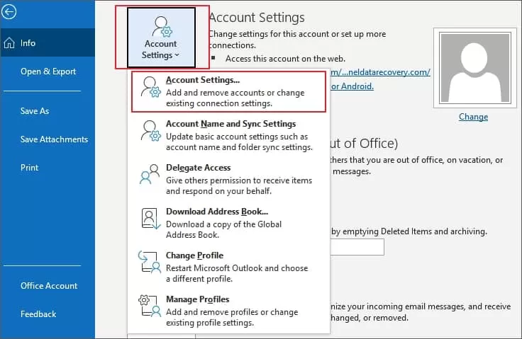 go to File >> Account Settings >> Account Settings.
