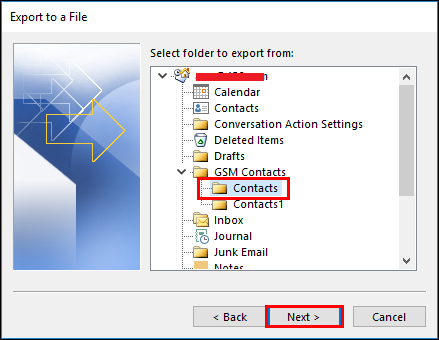 Select the Contacts folder