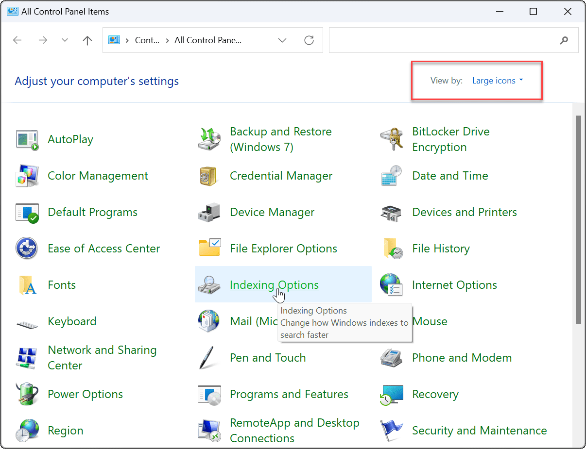 Click on Indexing Options