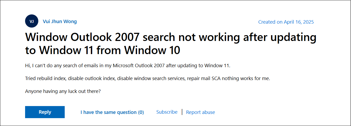 outlook 2007 search not working