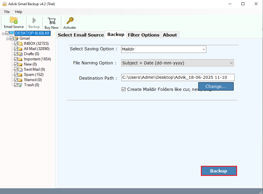 click backup to export gmail to maildir