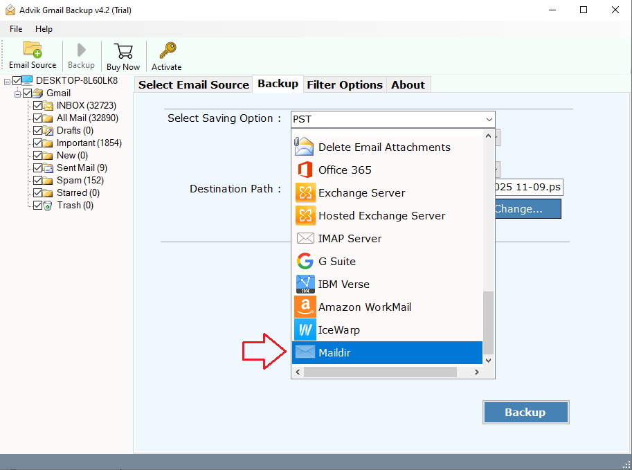 Select “Maildir” as the output format