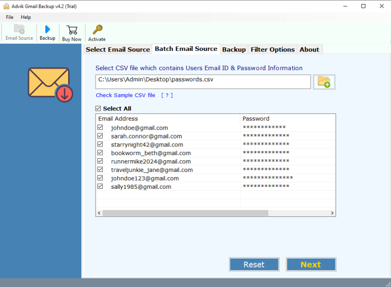 Click “Add CSV” and upload the file with all Gmail account
