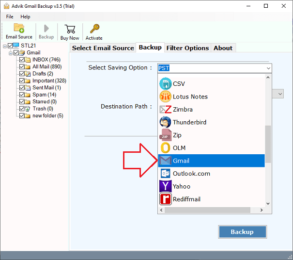 Choose Gmail as the destination account