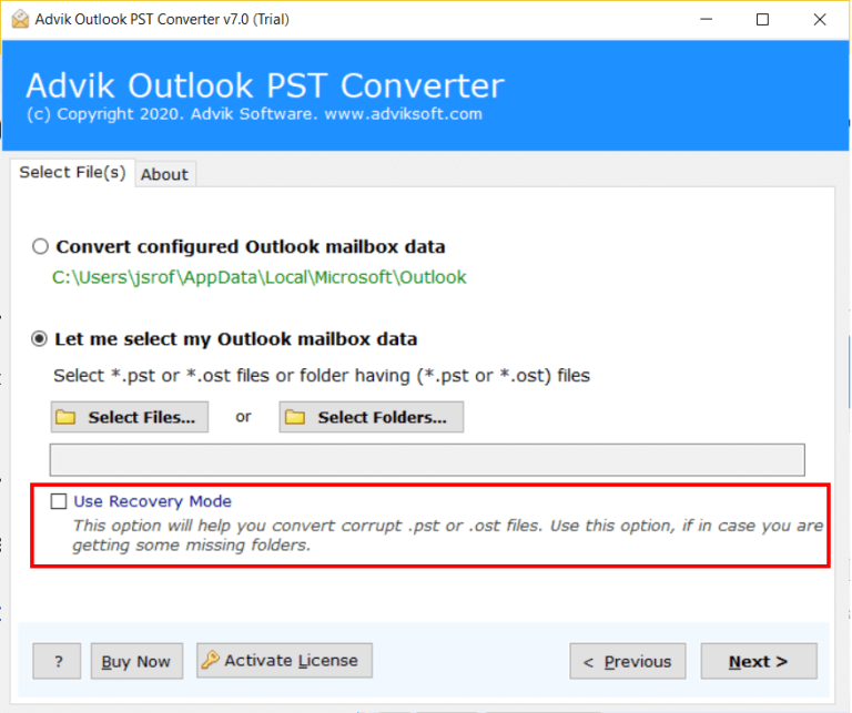 click on Add File to select your PST file