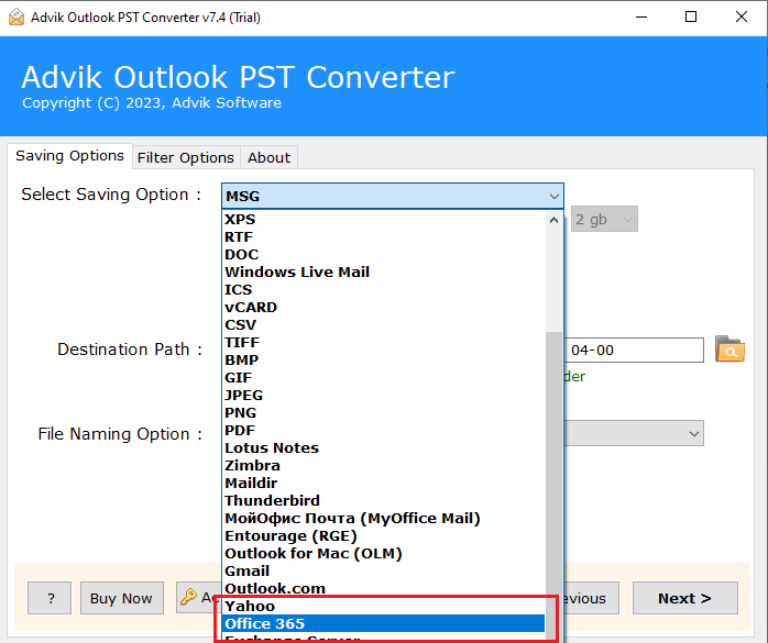 Choose Office 365 as the target saving option
