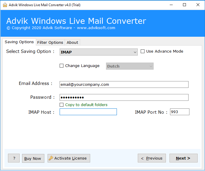 enter details to import windows live mail to protonmail
