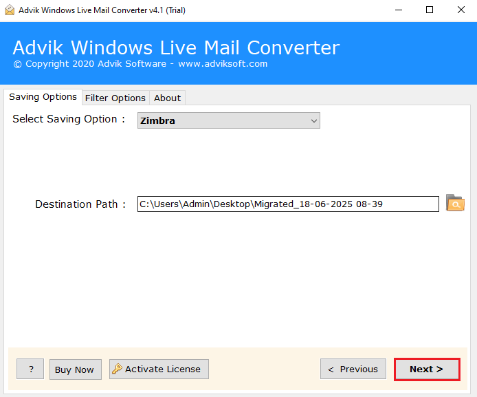 click convert to migrate windows live mail to zimbra