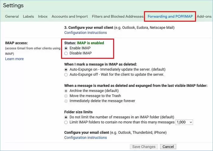enable the IMAP setting