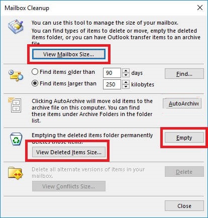 Outlook Mailbox Size Not Reducing After Archive