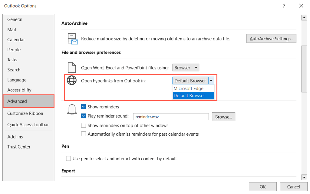 change browser settings to open hyperlinks in outlook