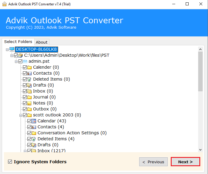 Select the required folders to export