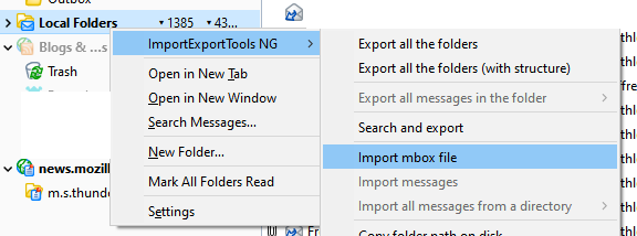 Use the add-on to import your MBOX files into local folders