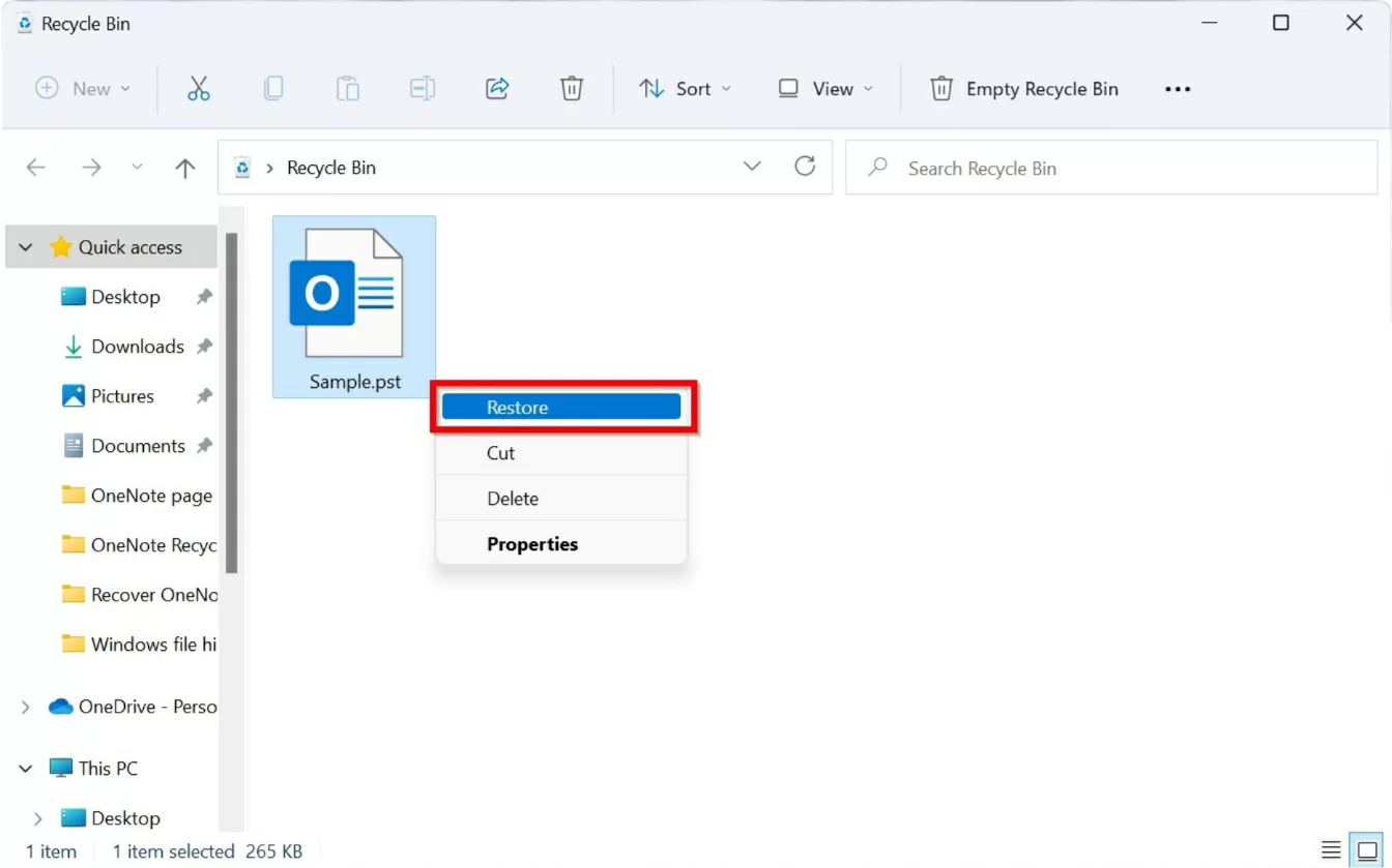 restore deleted PST file from Recycle Bin
