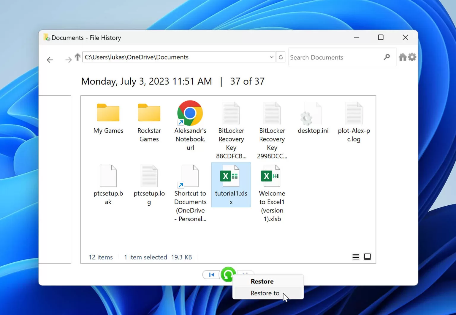 Restore deleted excel file from File History or Backup