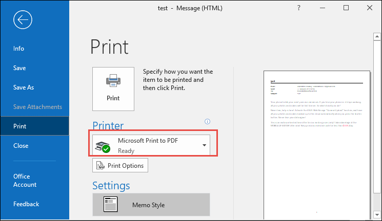 Select Microsoft Print to PDF