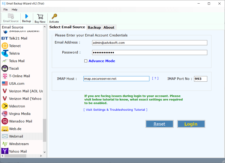 enter login details of your webmail account