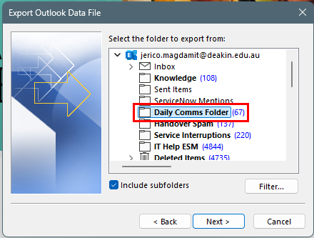 Select the Rackspace email folder