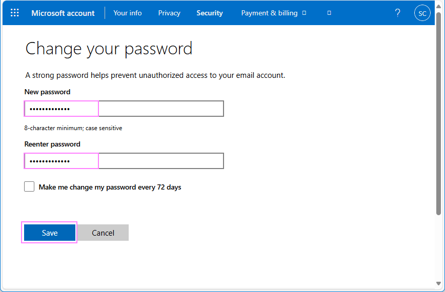 In the "Change Password" window, enter the current password