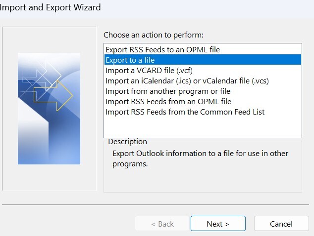 Select Export to a file and click Next.