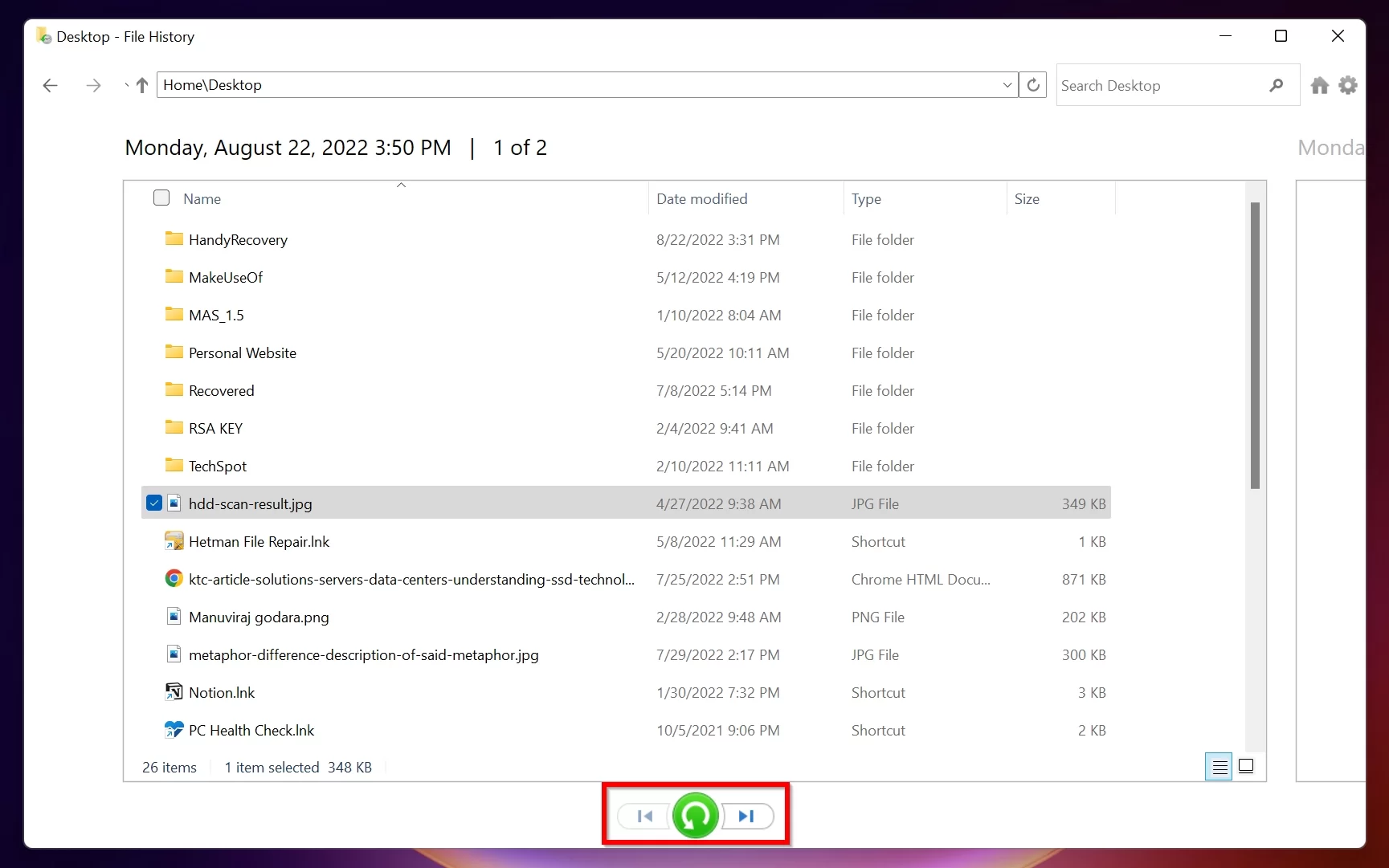 recover deleted photo from a camera using file history