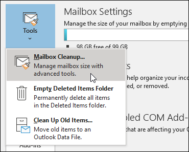 click tools and choose Mailbox Cleanup