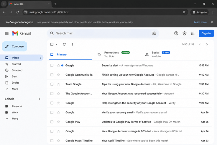 Incognito Gmail inbox on desktop