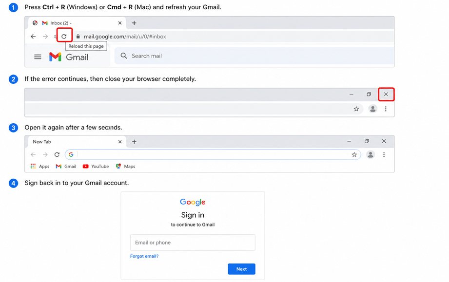 Refresh Gmail and Restart Browser