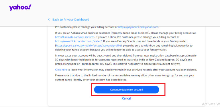 click continue to delete yahoo email account permanently
