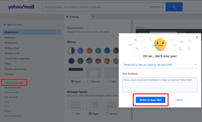 click on switch basic mail