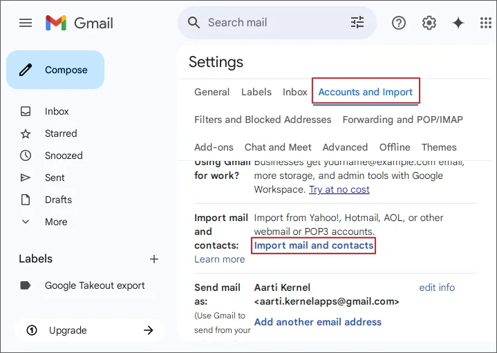 select Import Mail and Contacts