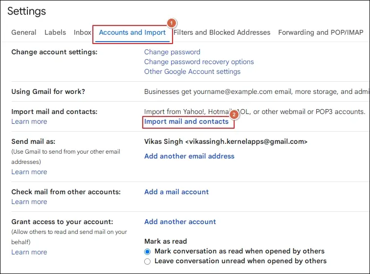 click Import mail and contacts