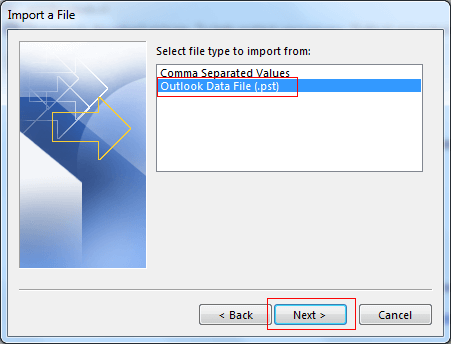 Select Outlook Dat file (.pst)