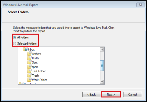 Choose the Windows Live Mail folders