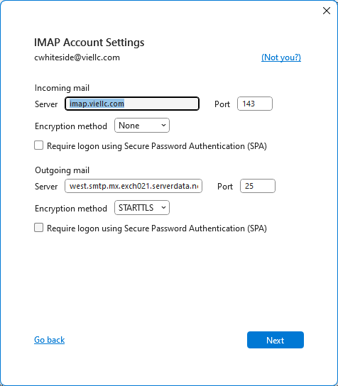 Type IMAP details of Roundcube account
