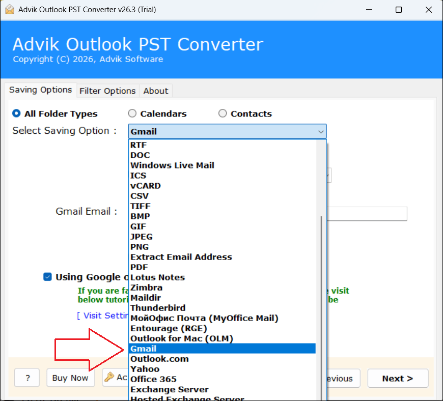 Select Gmail as a saving option