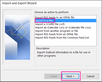 Select the Export to a file option