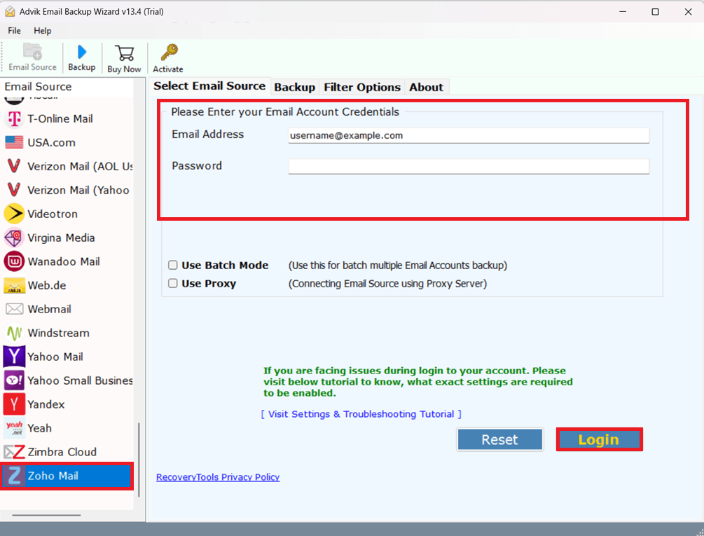 log in using your Zoho Mail account details