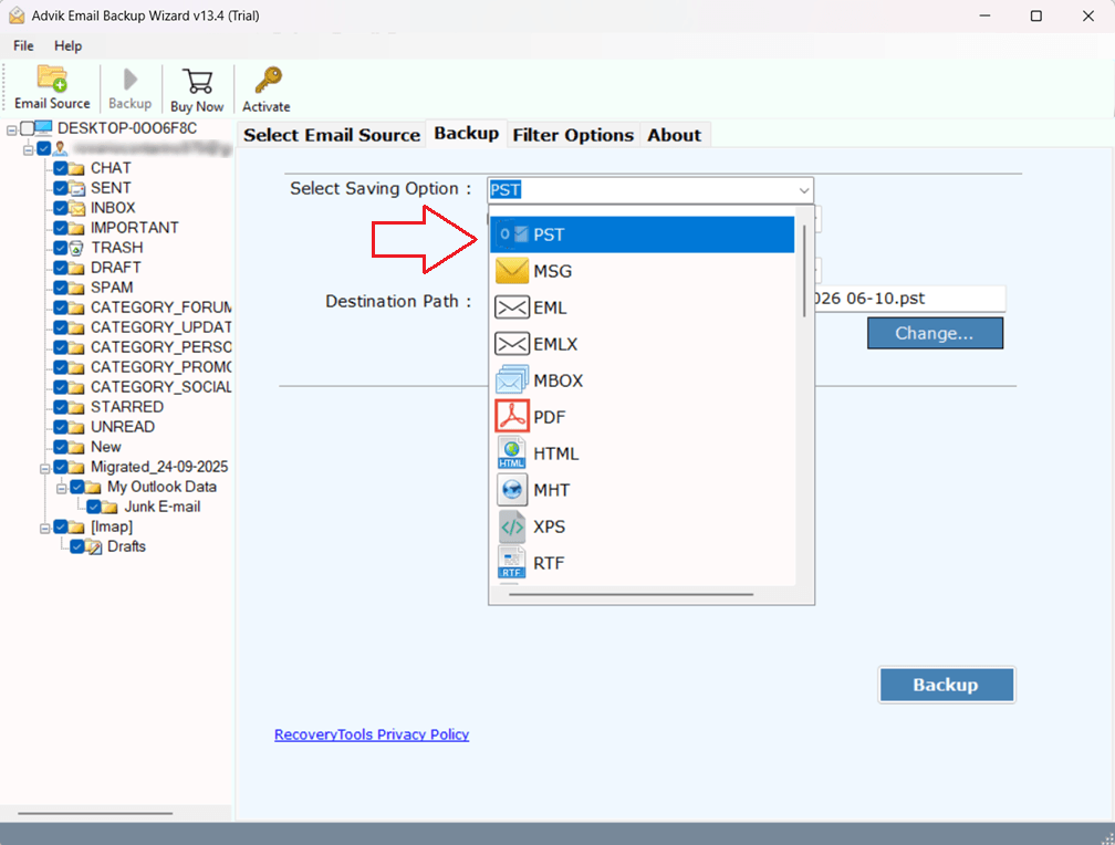 Select PST from the list