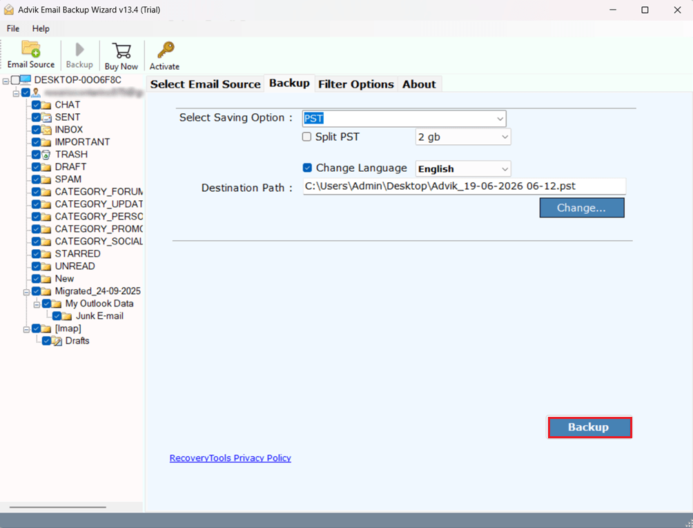 click Backup to export zoho mail to pst