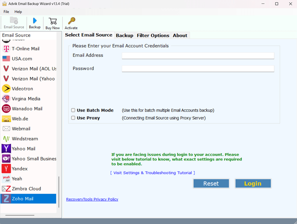 Launch the software and choose Zoho Mail