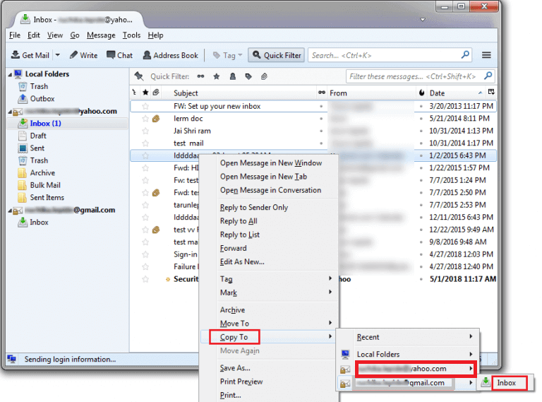 copy roundcube emails to Yahoo Inbox or other folder.